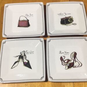 Set of four Sakura plates 8x8 square fashion purses shoes no chips cracks